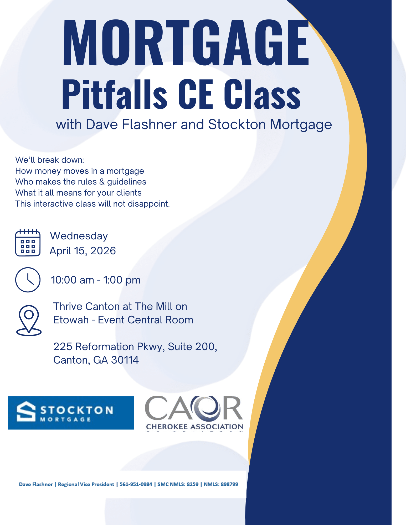 Flyer with blue text and yellow swish